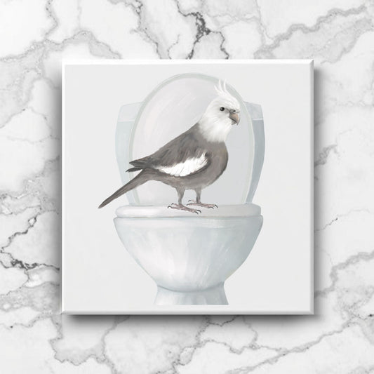 Whiteface Cockatiel on Toilet Ceramic Tile – Playful Bird Lover Decor - MerikaArt