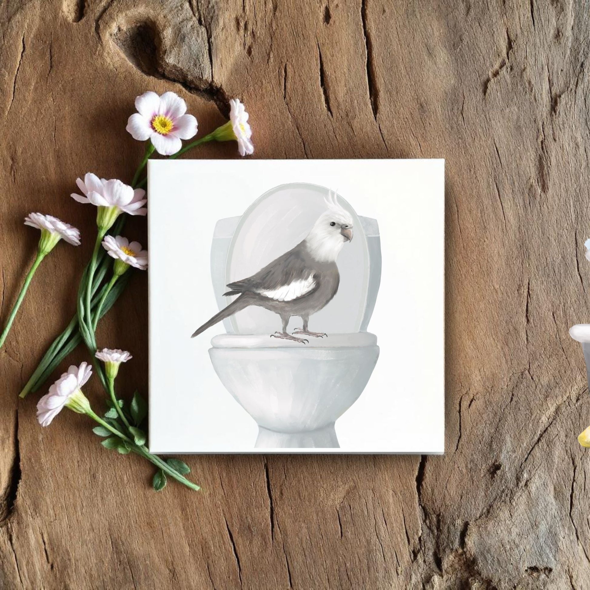 Whiteface Cockatiel on Toilet Ceramic Tile – Playful Bird Lover Decor - MerikaArt