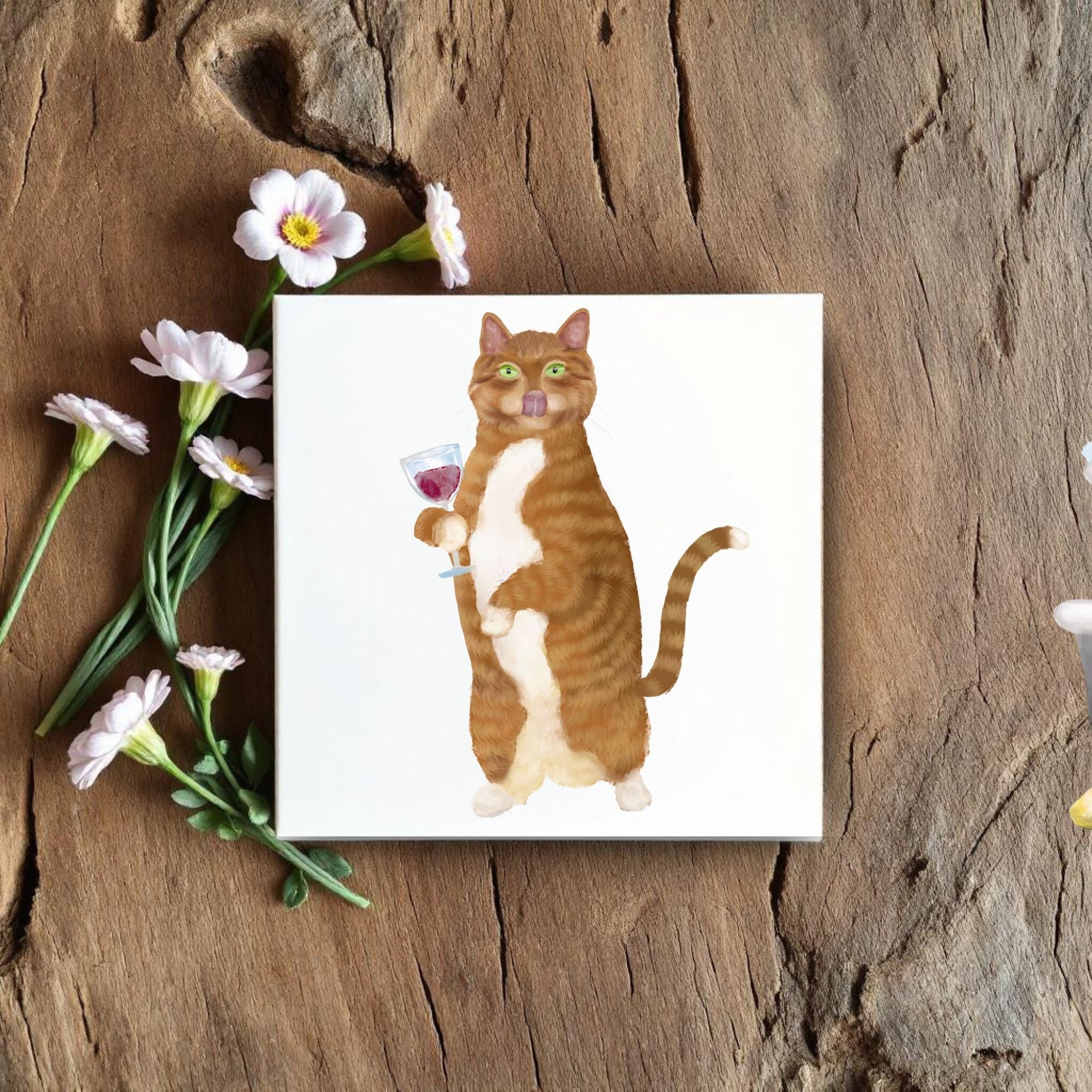 Wine - Loving Ginger Cat Ceramic Tile - MerikaArt