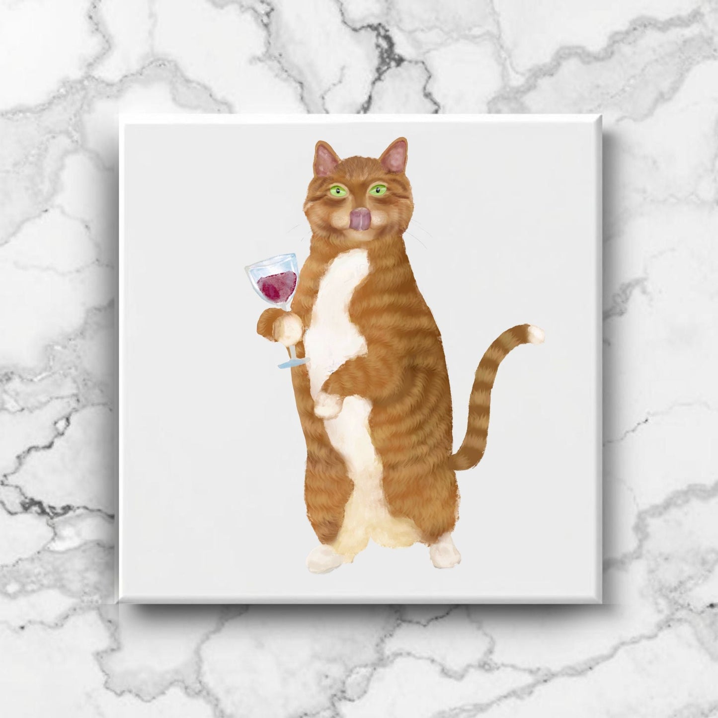 Wine - Loving Ginger Cat Ceramic Tile - MerikaArt