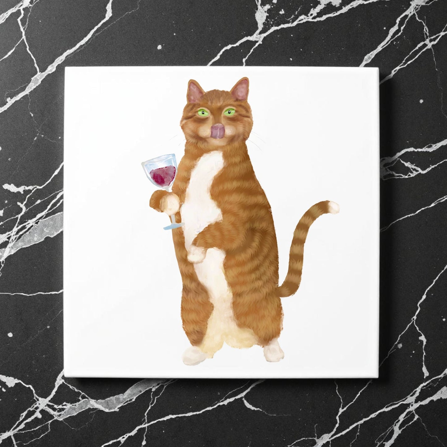 Wine - Loving Ginger Cat Ceramic Tile - MerikaArt