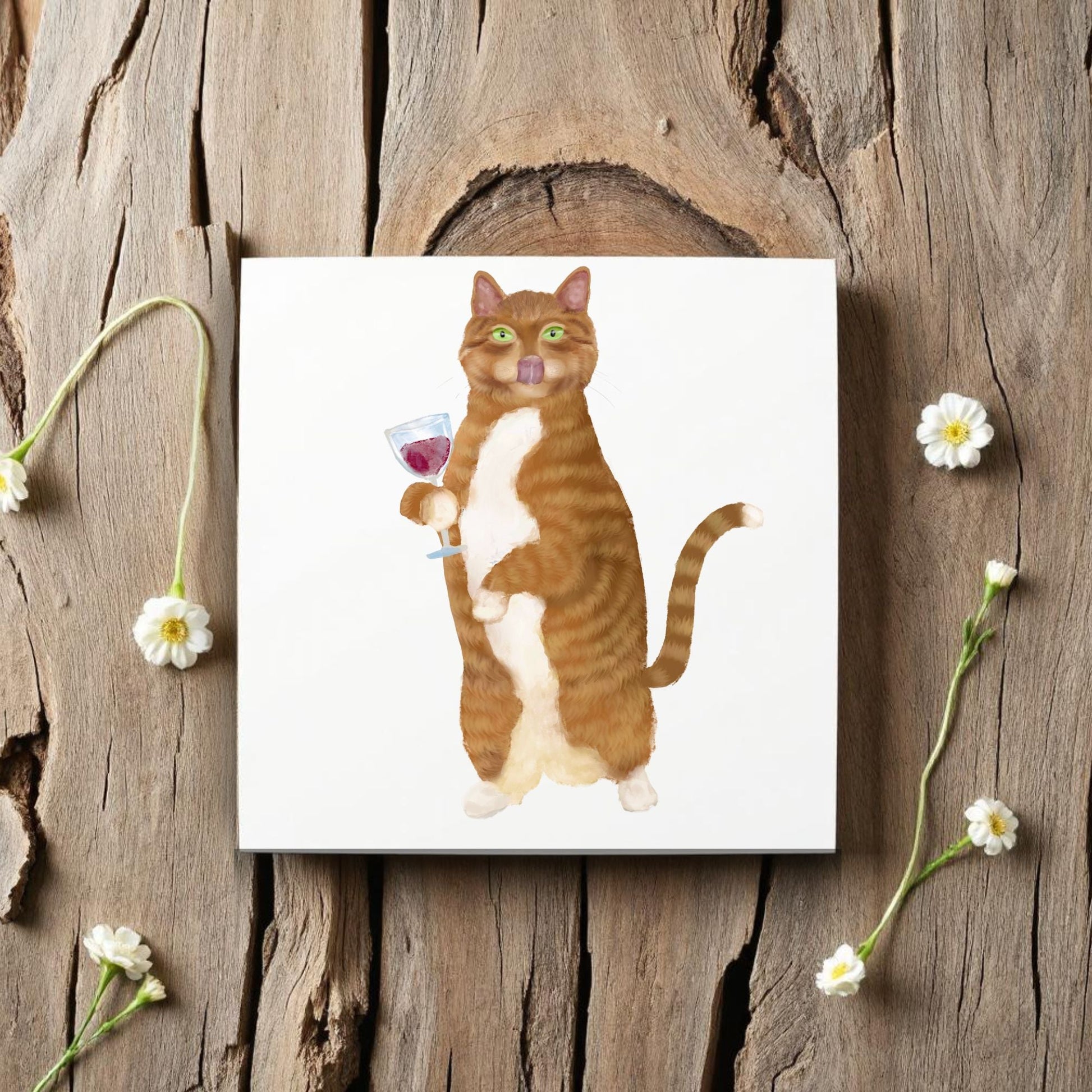 Wine - Loving Ginger Cat Ceramic Tile - MerikaArt