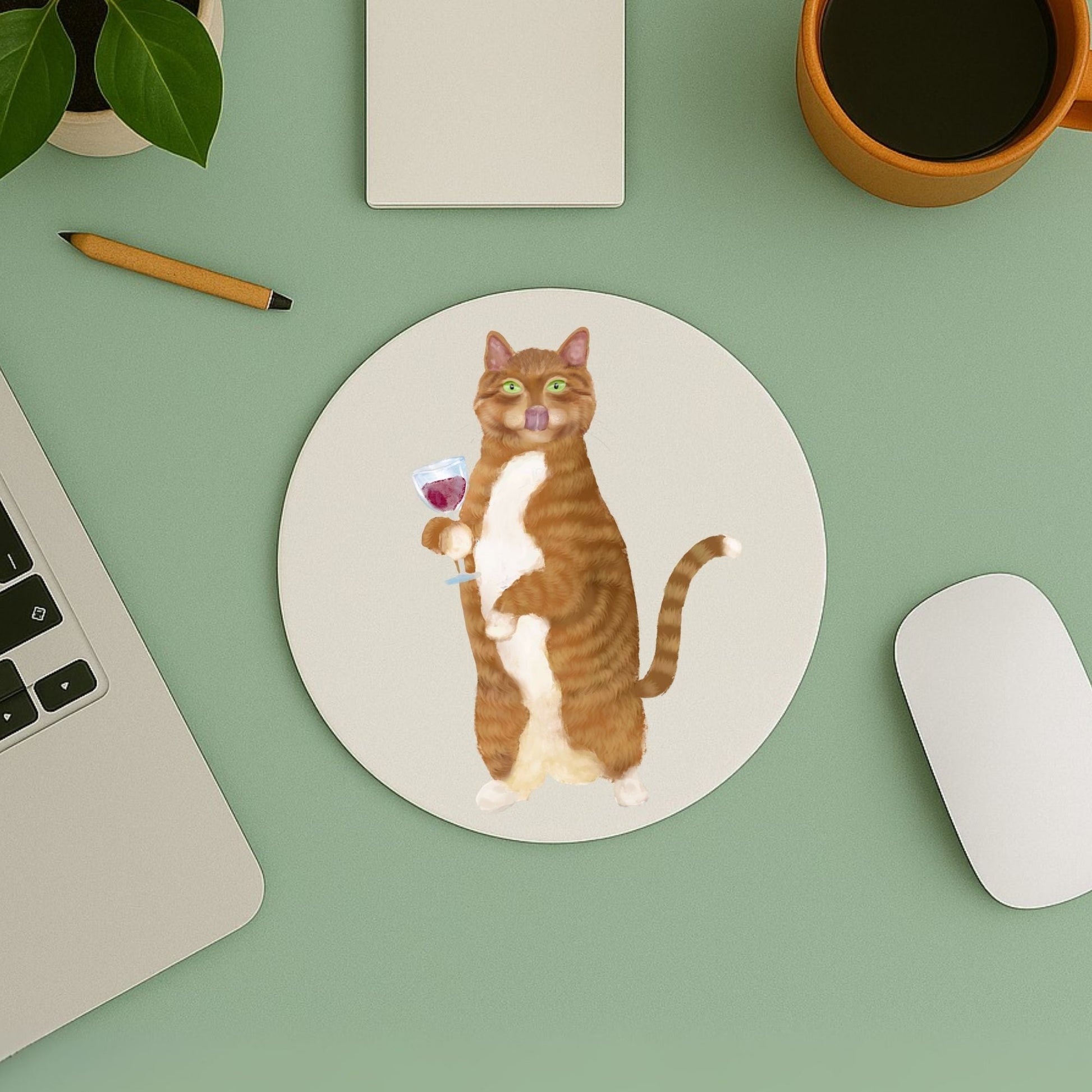 Wine - Loving Tabby Cat Mousepad - MerikaArt