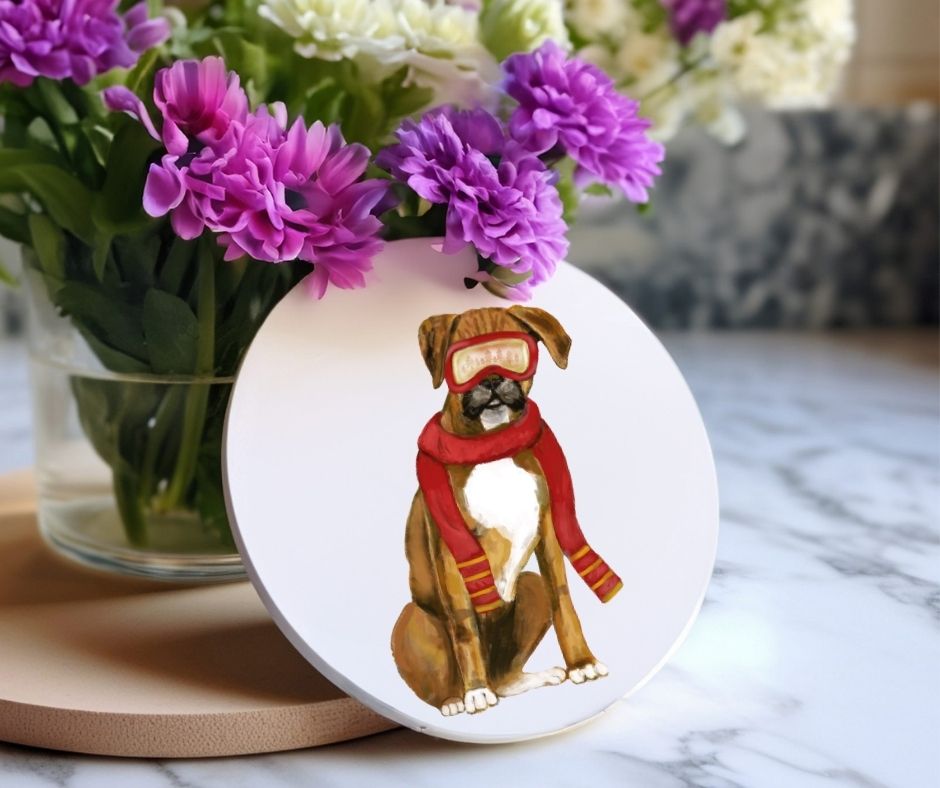 Winter Boxer Dog Ceramic Coaster - MerikaArt
