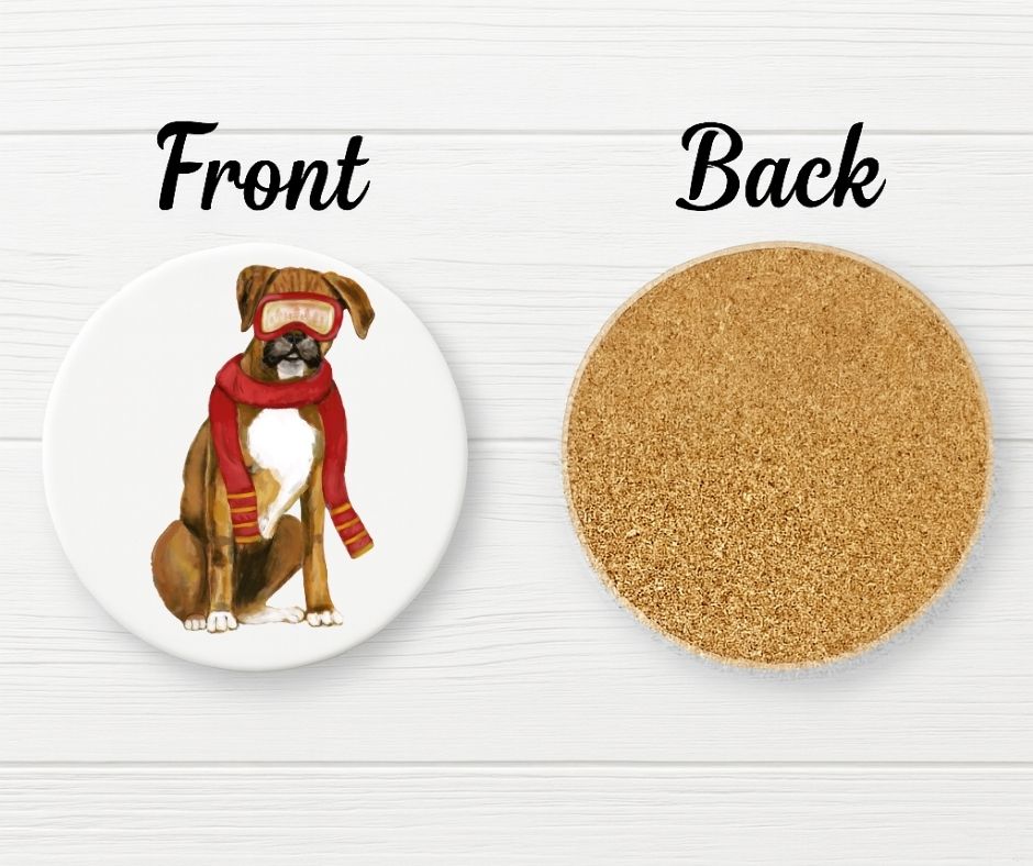 Winter Boxer Dog Ceramic Coaster - MerikaArt