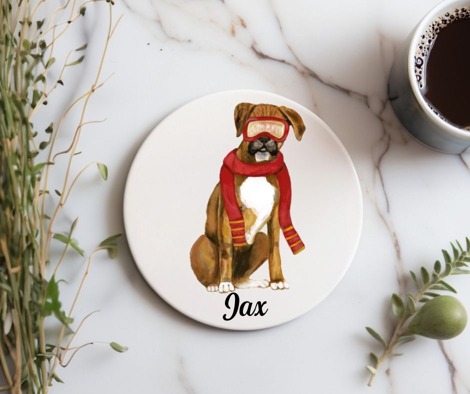 Winter Boxer Dog Ceramic Coaster - MerikaArt