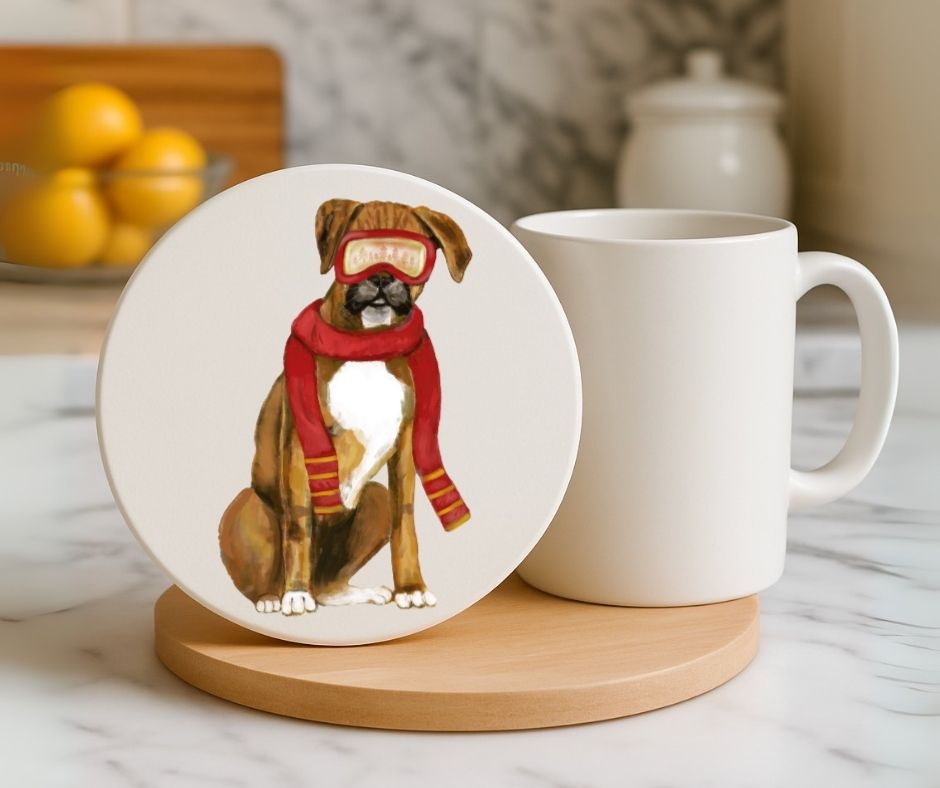 Winter Boxer Dog Ceramic Coaster - MerikaArt