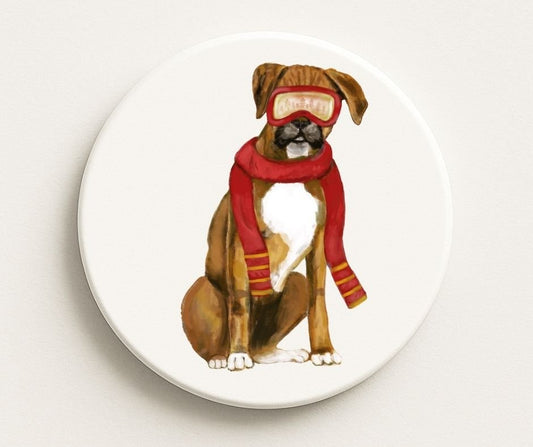 Winter Boxer Dog Ceramic Coaster - MerikaArt
