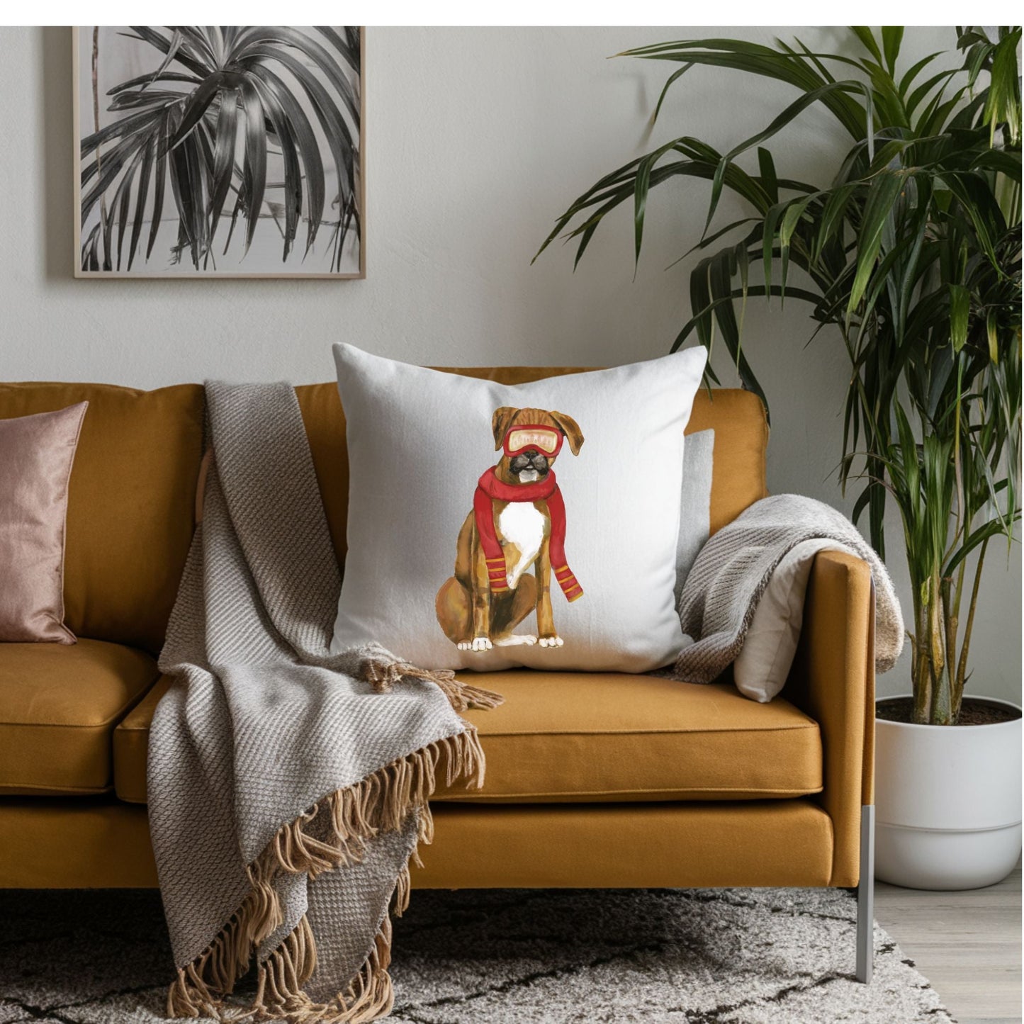 Winter Boxer Dog Pillow - MerikaArt