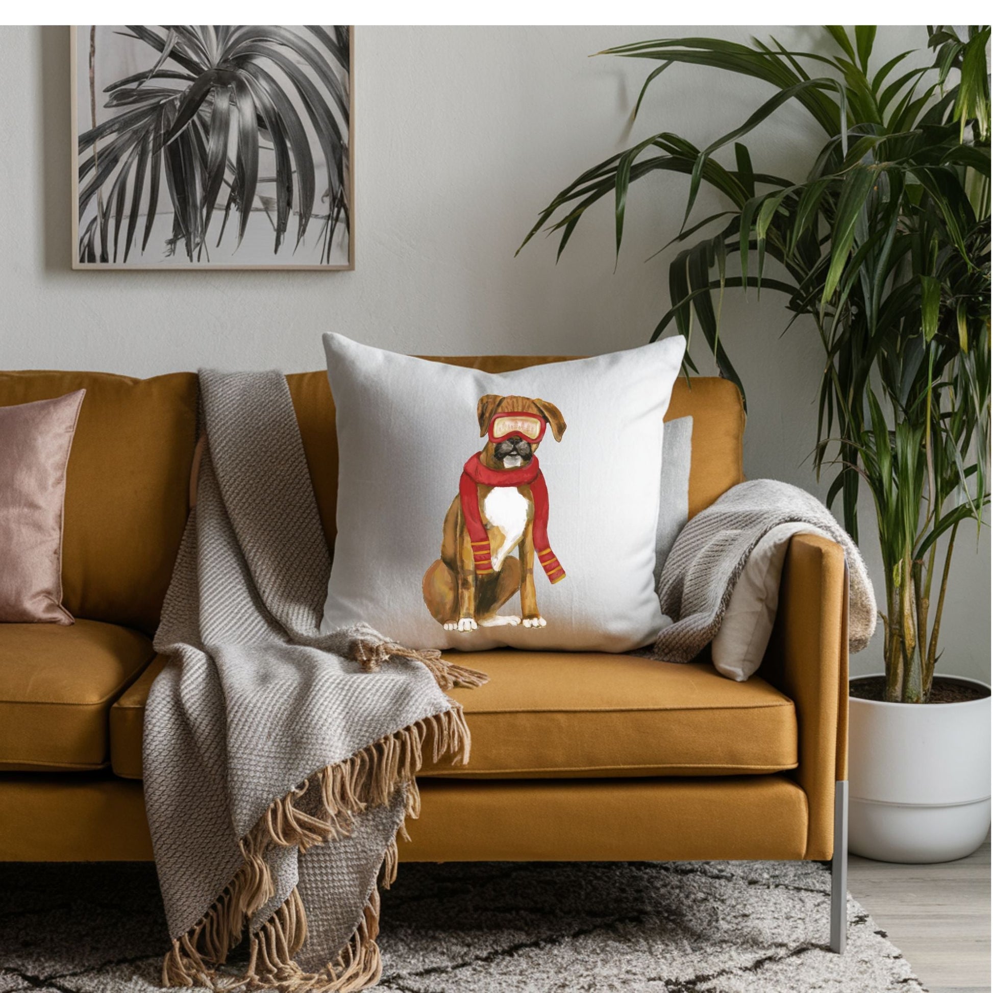 Winter Boxer Dog Pillow - MerikaArt