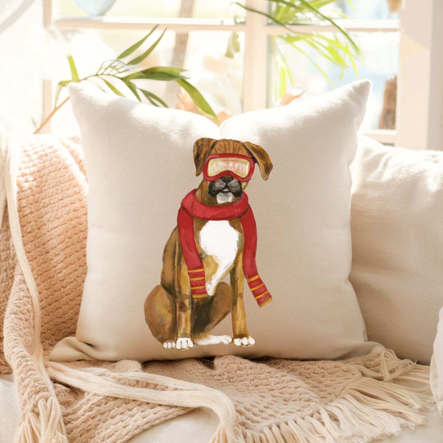 Winter Boxer Dog Pillow - MerikaArt