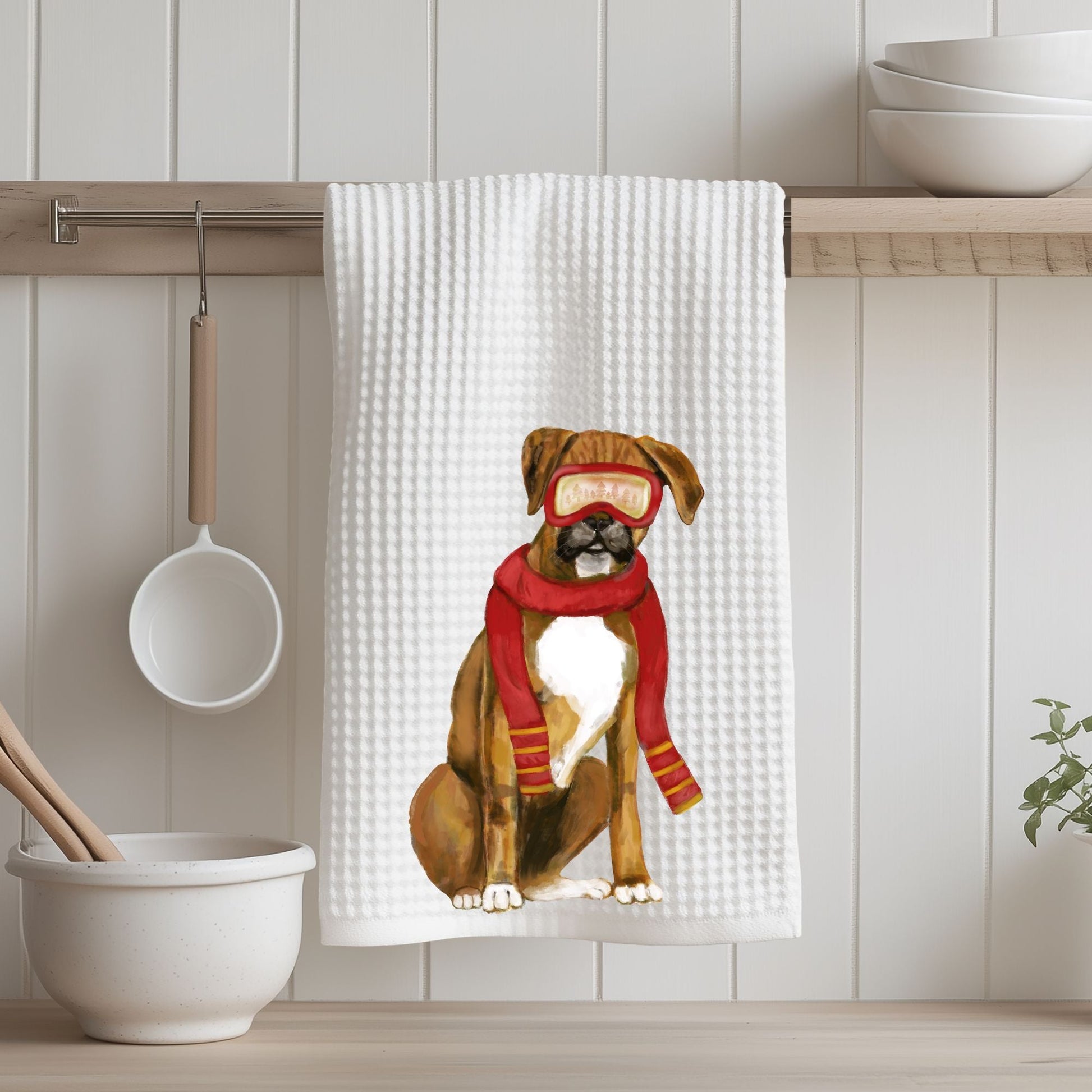 Winter Boxer Dog Waffle Weave Kitchen Towel - MerikaArt