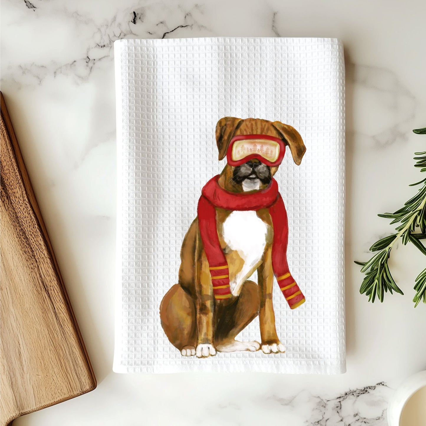 Winter Boxer Dog Waffle Weave Kitchen Towel - MerikaArt