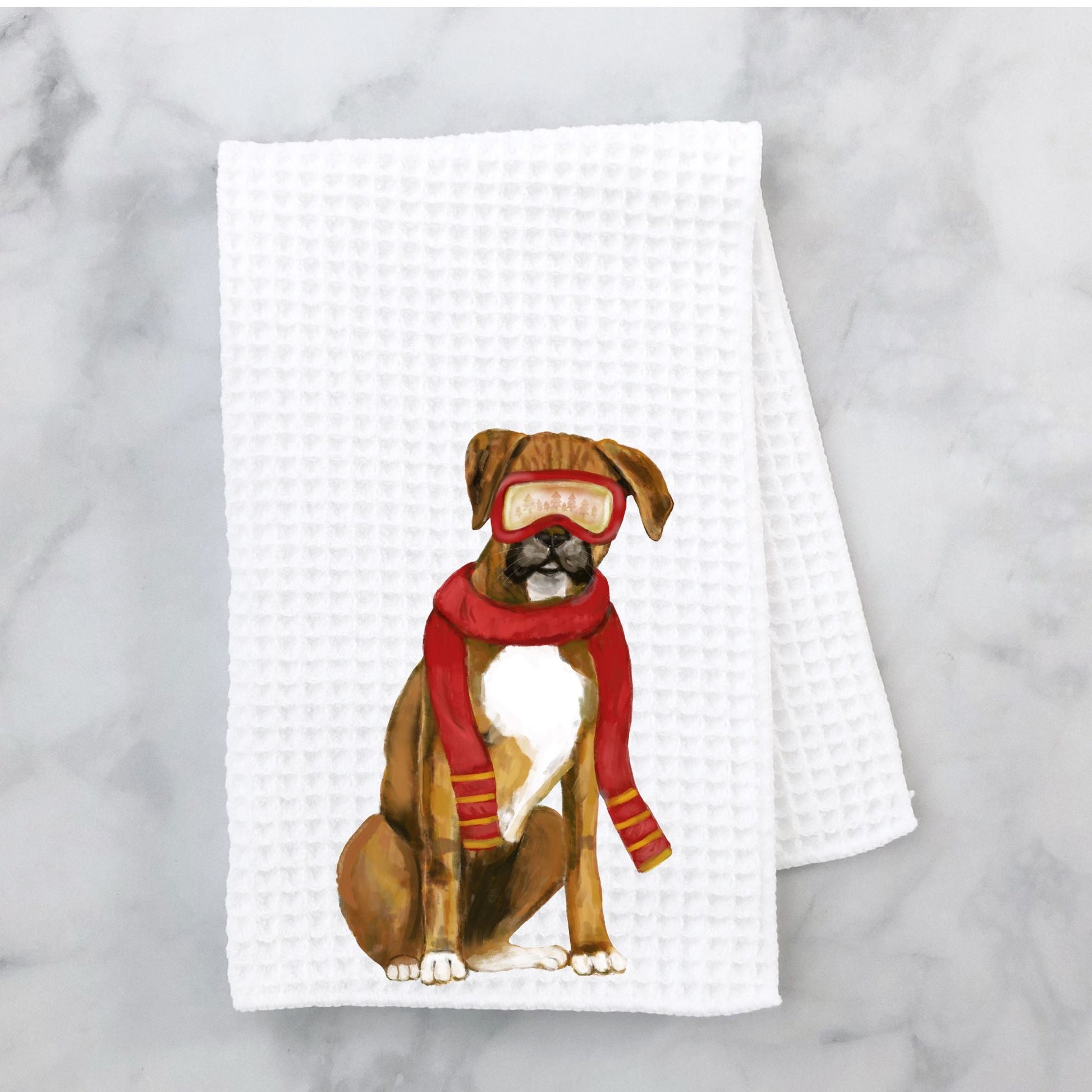 Winter Boxer Dog Waffle Weave Kitchen Towel - MerikaArt