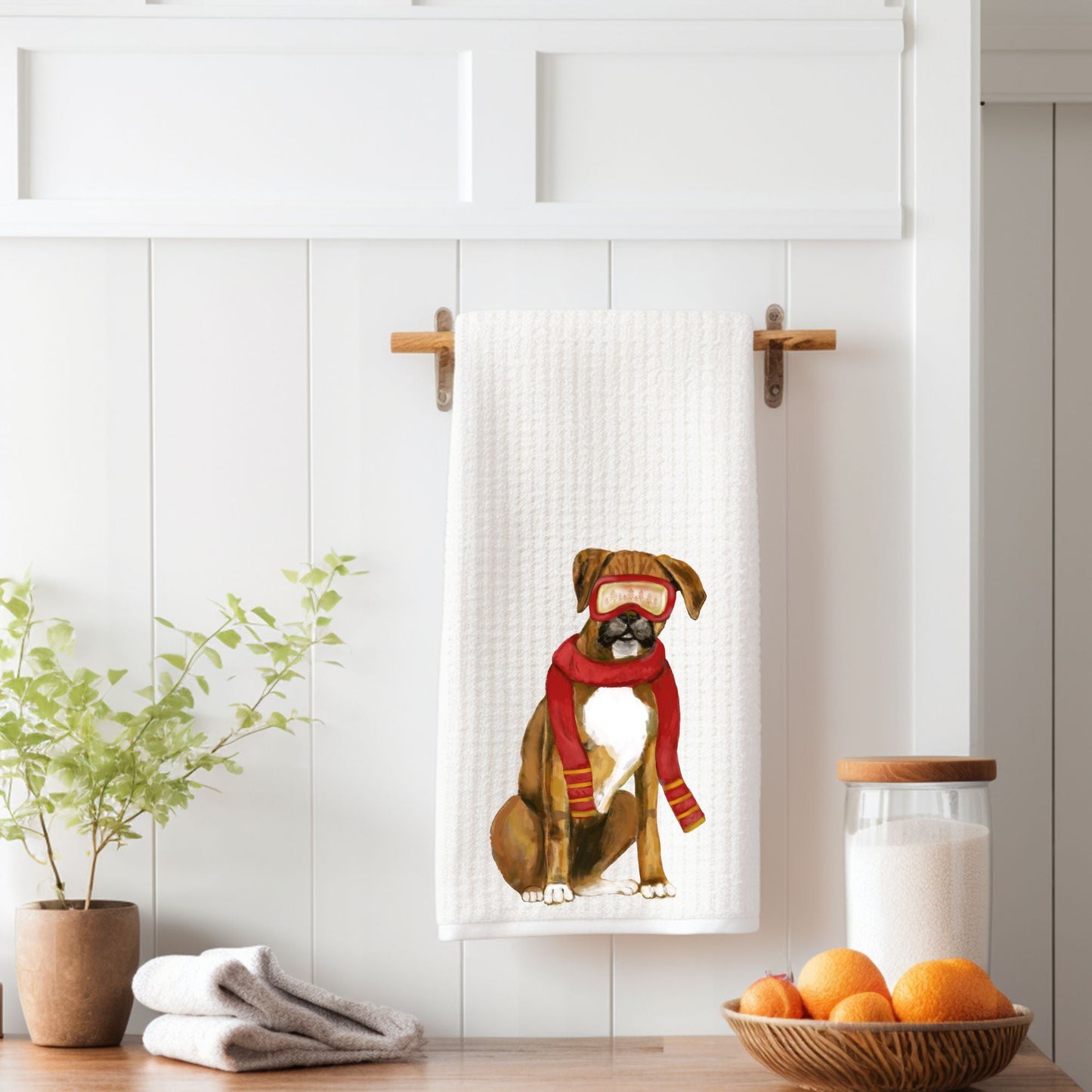 Winter Boxer Dog Waffle Weave Kitchen Towel - MerikaArt