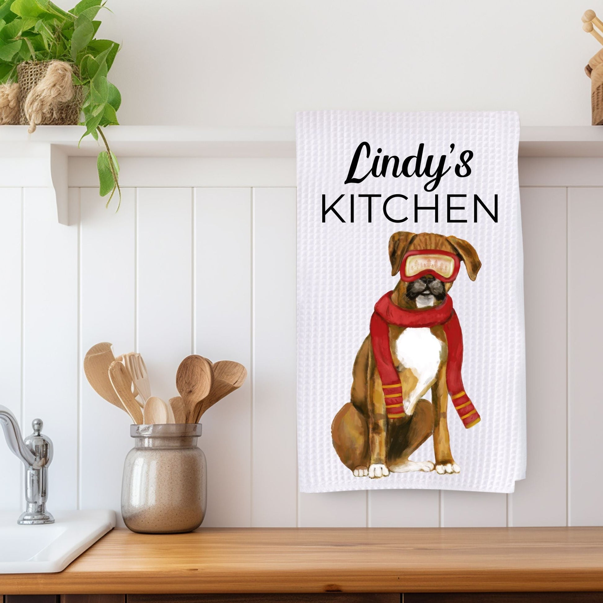 Winter Boxer Dog Waffle Weave Kitchen Towel - MerikaArt