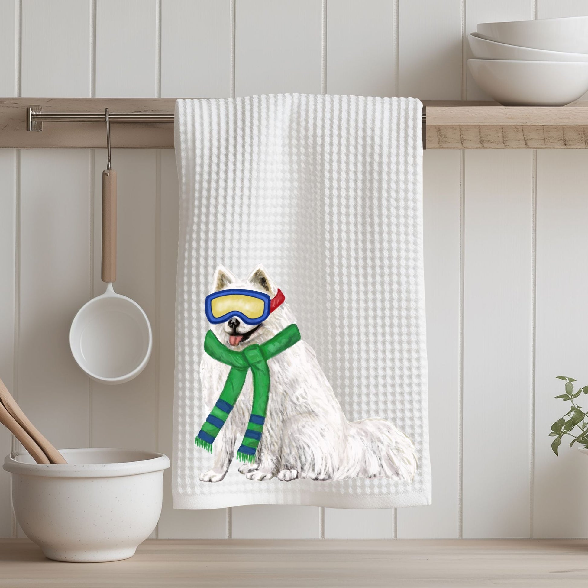 Winter Dog Waffle Weave Kitchen Towel - MerikaArt