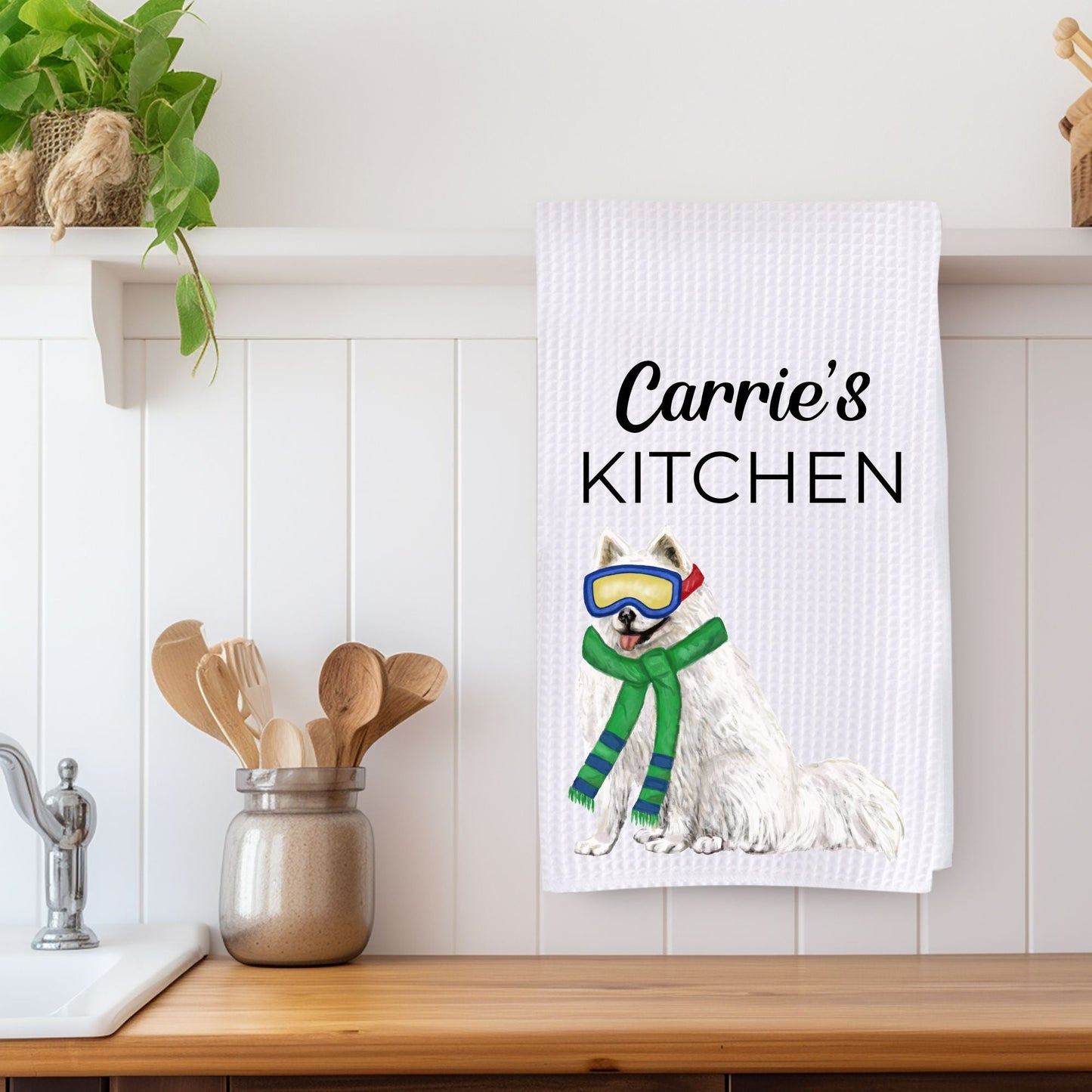 Winter Dog Waffle Weave Kitchen Towel - MerikaArt