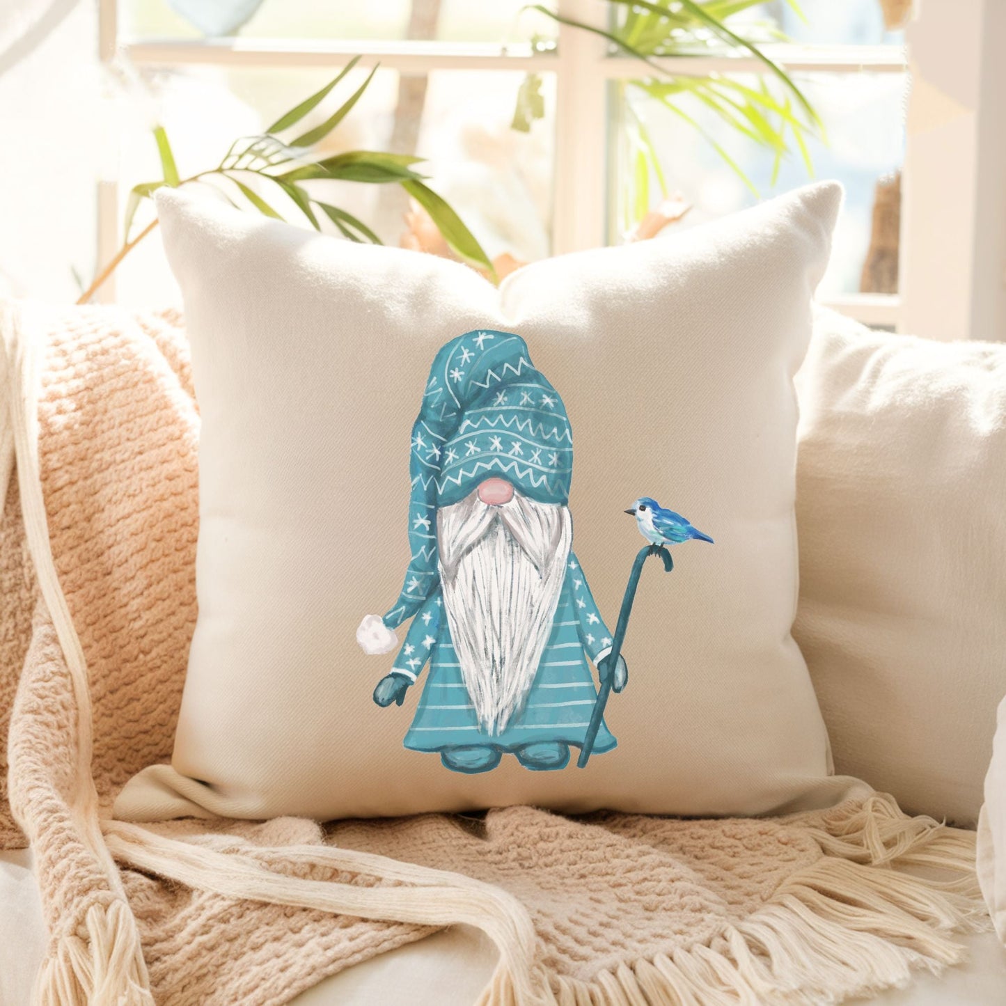 Winter Gnome with Bird Pillow - Cozy Seasonal Home Decor - MerikaArt