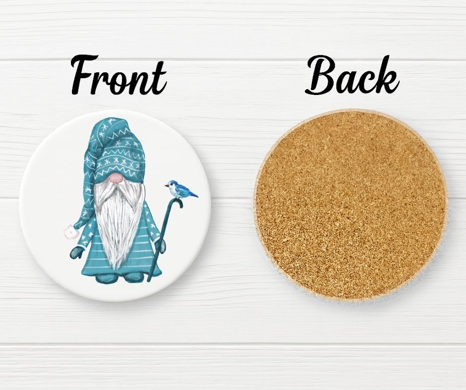 Winter Gnome with Blue Bird Ceramic Coaster - MerikaArt