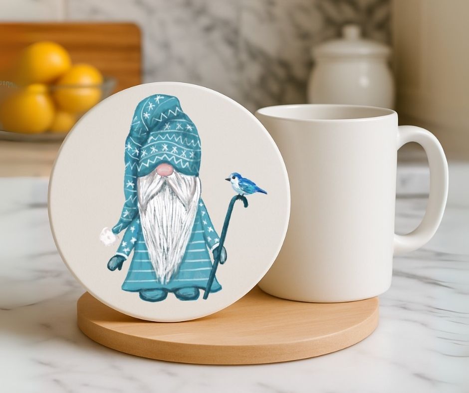 Winter Gnome with Blue Bird Ceramic Coaster - MerikaArt