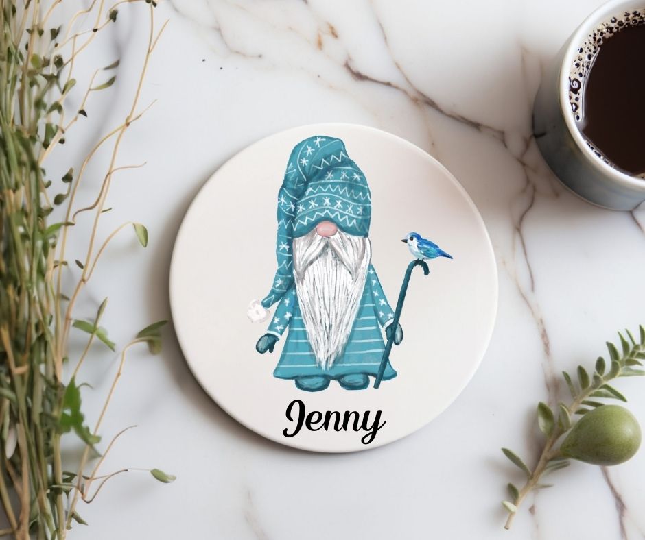 Winter Gnome with Blue Bird Ceramic Coaster - MerikaArt