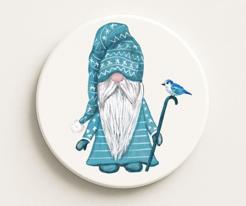 Winter Gnome with Blue Bird Ceramic Coaster - MerikaArt