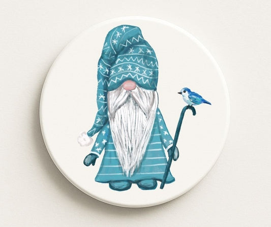 Winter Gnome with Blue Bird Ceramic Coaster - MerikaArt