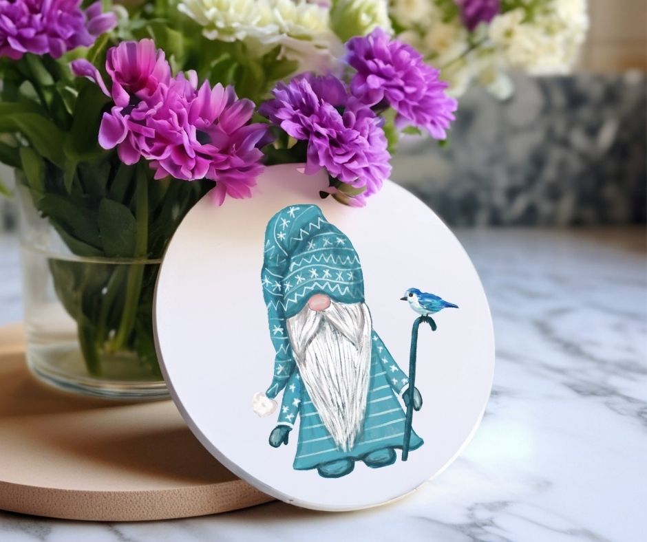 Winter Gnome with Blue Bird Ceramic Coaster - MerikaArt