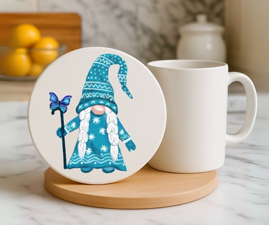 Winter Gnome with Butterfly Ceramic Coaster - MerikaArt