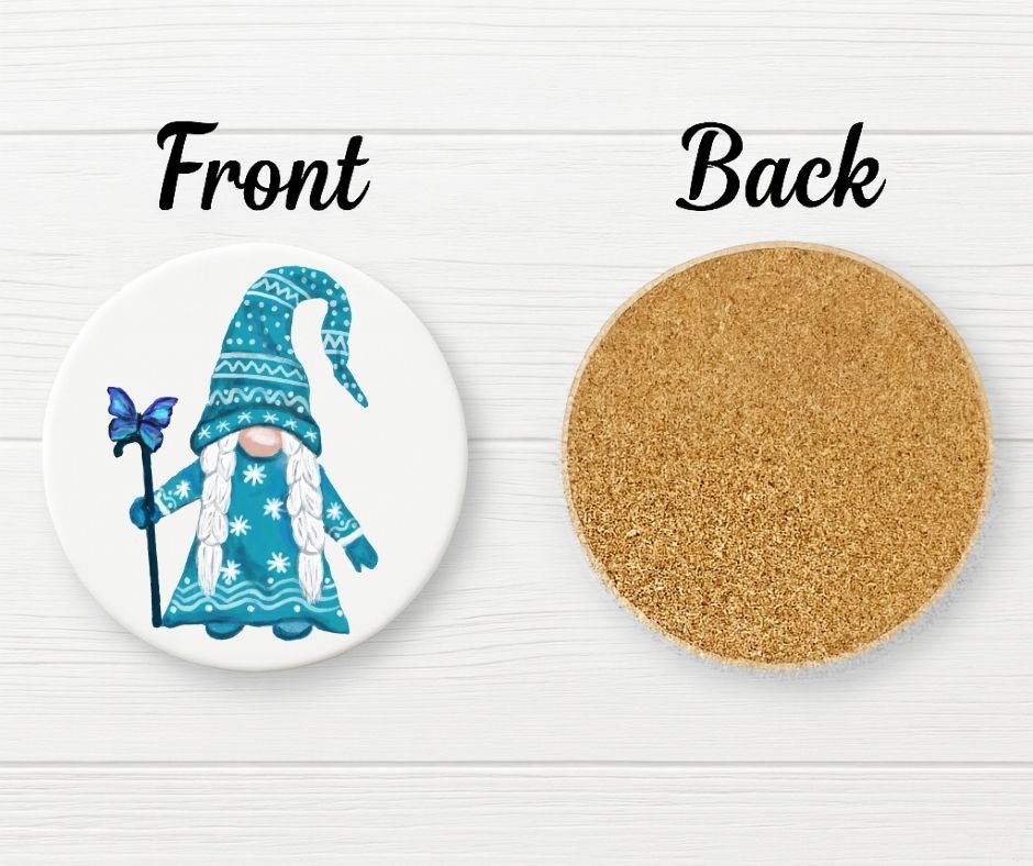 Winter Gnome with Butterfly Ceramic Coaster - MerikaArt
