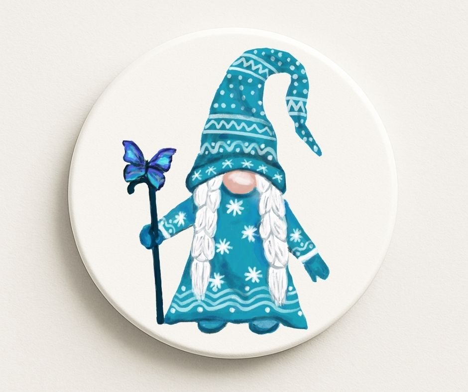 Winter Gnome with Butterfly Ceramic Coaster - MerikaArt