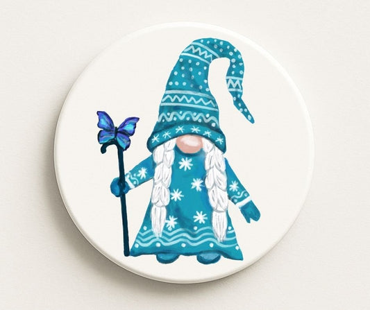 Winter Gnome with Butterfly Ceramic Coaster - MerikaArt