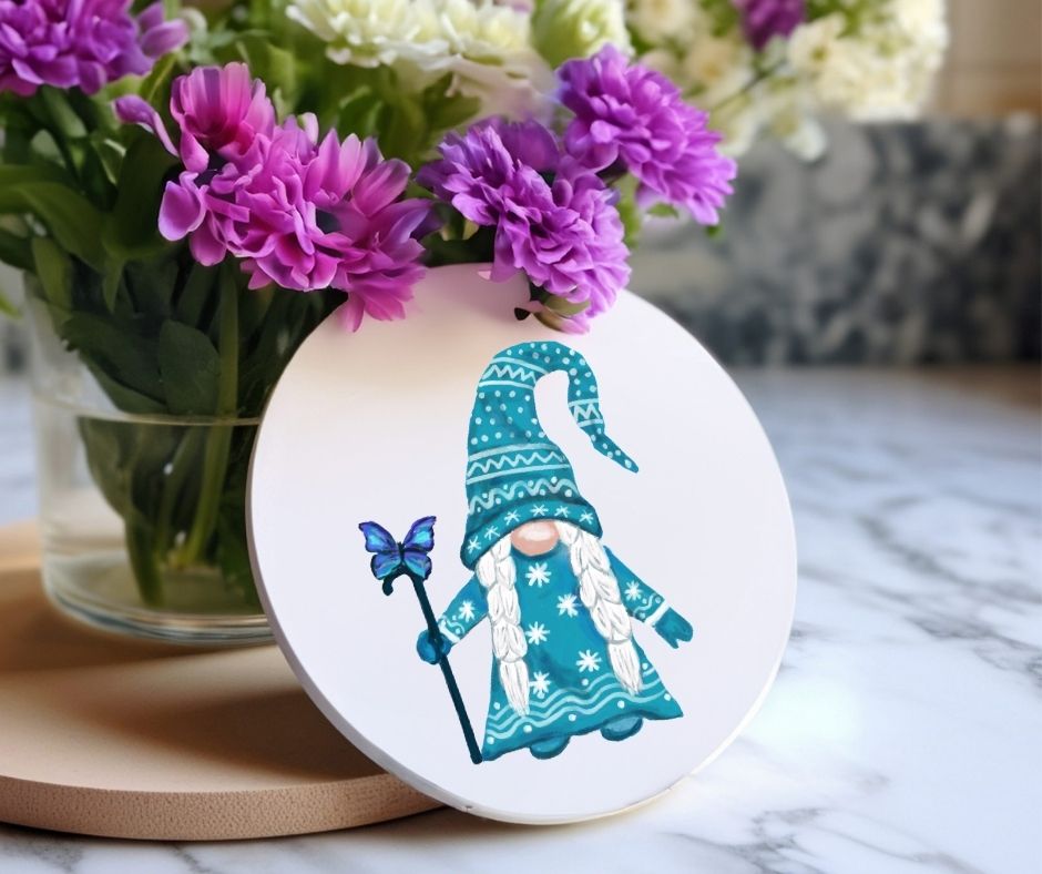 Winter Gnome with Butterfly Ceramic Coaster - MerikaArt