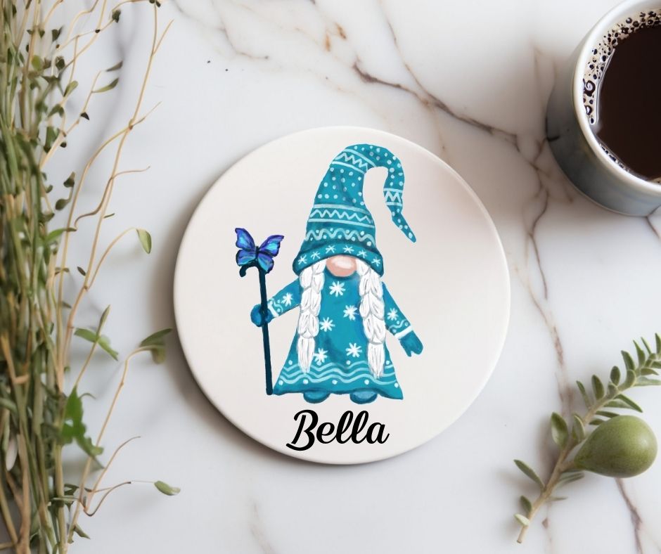 Winter Gnome with Butterfly Ceramic Coaster - MerikaArt