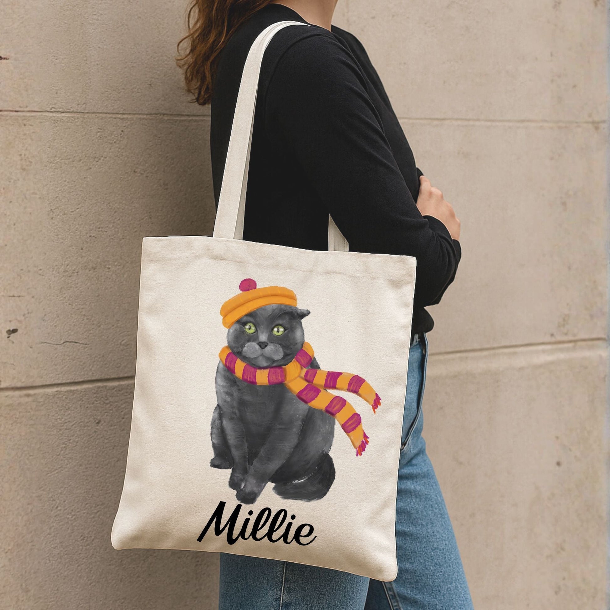 Winter Gray Cat Canvas Tote Bag - MerikaArt