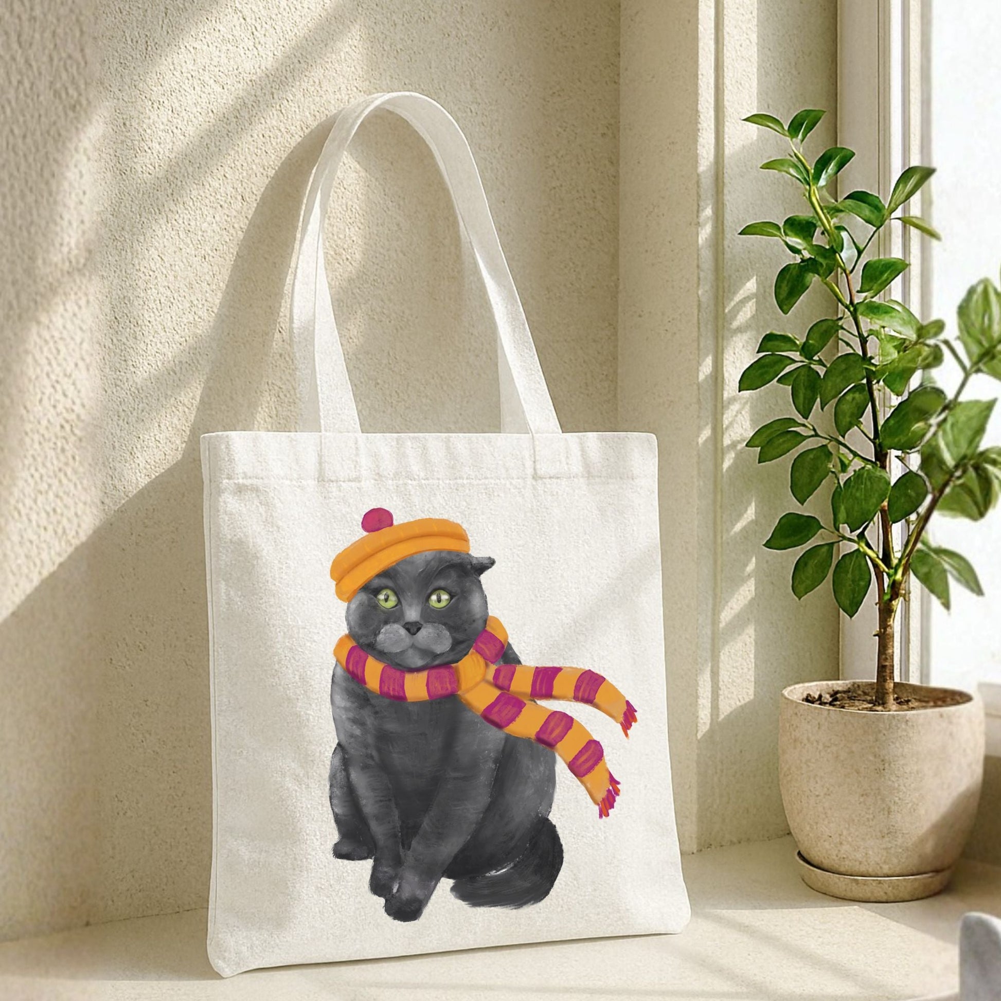 Winter Gray Cat Canvas Tote Bag - MerikaArt