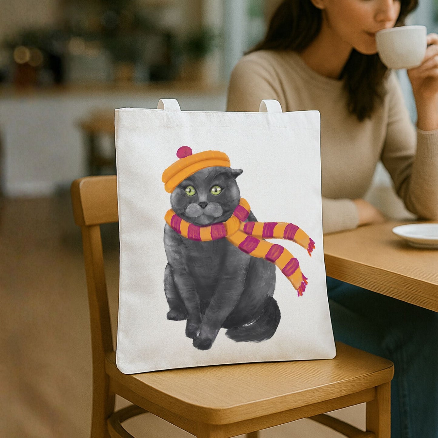 Winter Gray Cat Canvas Tote Bag - MerikaArt