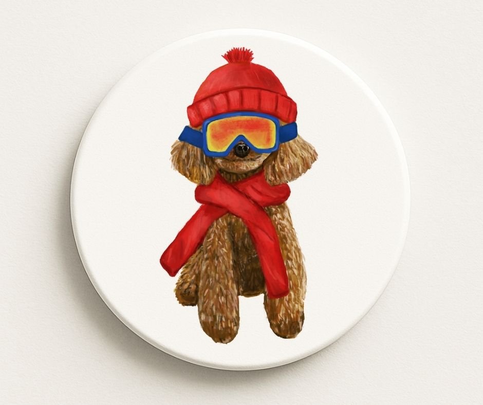 Winter Poodle Ceramic Coaster - MerikaArt