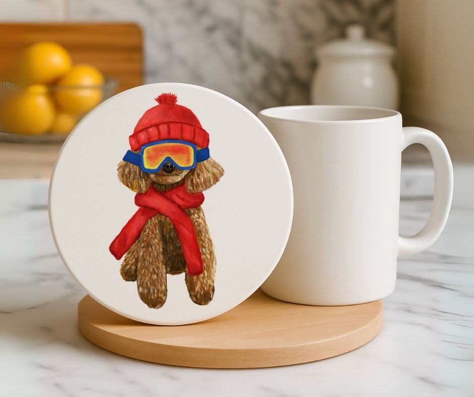 Winter Poodle Ceramic Coaster - MerikaArt
