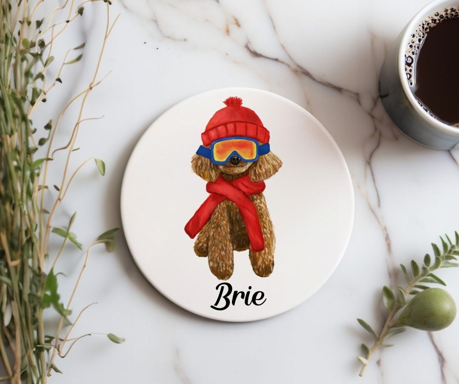 Winter Poodle Ceramic Coaster - MerikaArt