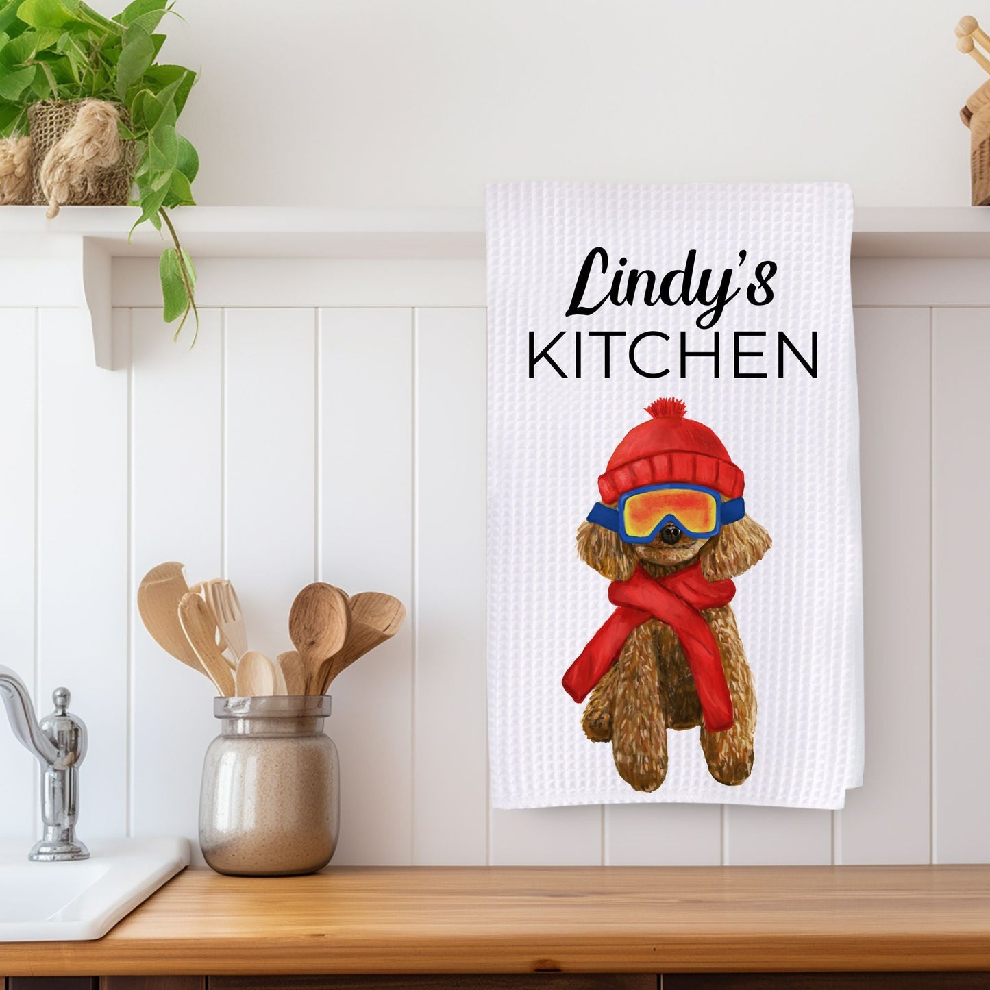 Winter Poodle Dog Waffle Weave Kitchen Towel - MerikaArt