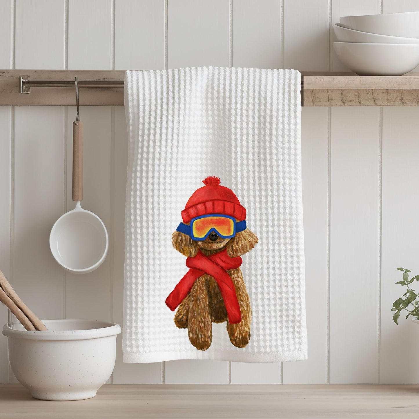 Winter Poodle Dog Waffle Weave Kitchen Towel - MerikaArt