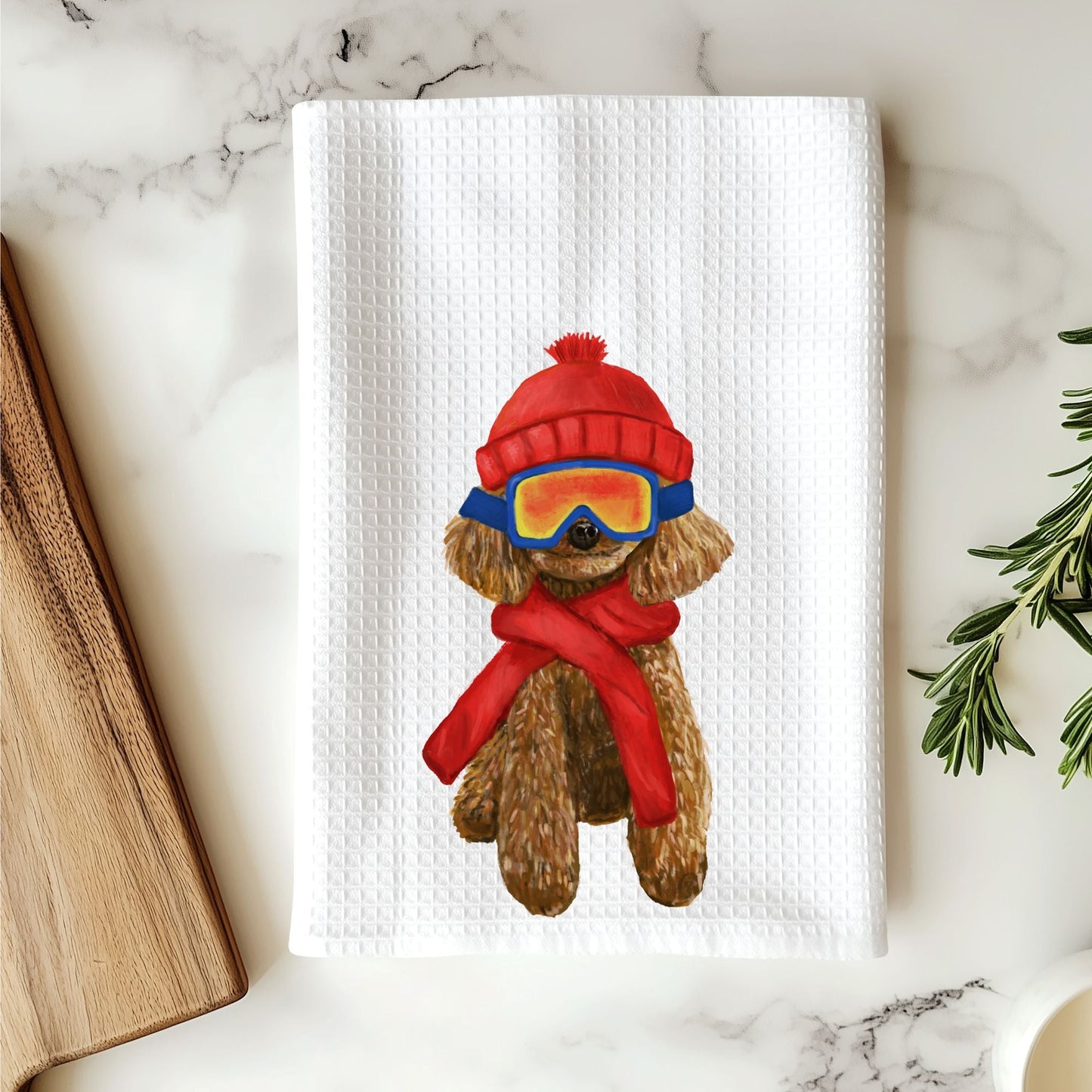 Winter Poodle Dog Waffle Weave Kitchen Towel - MerikaArt