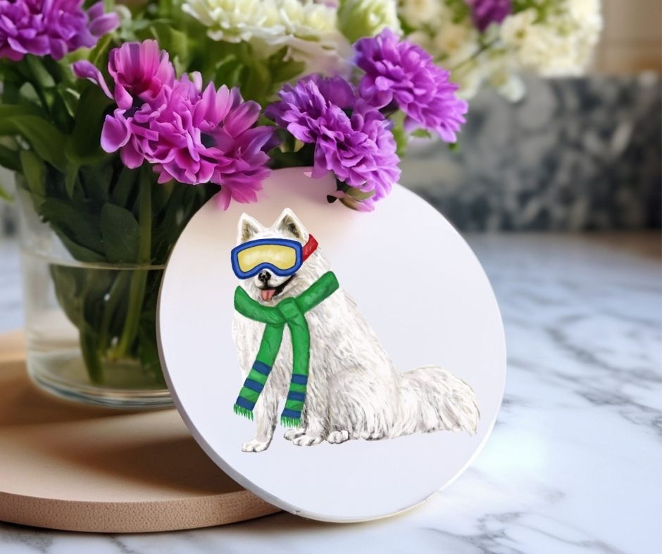 Winter Samoyed Dog Ceramic Coaster - MerikaArt