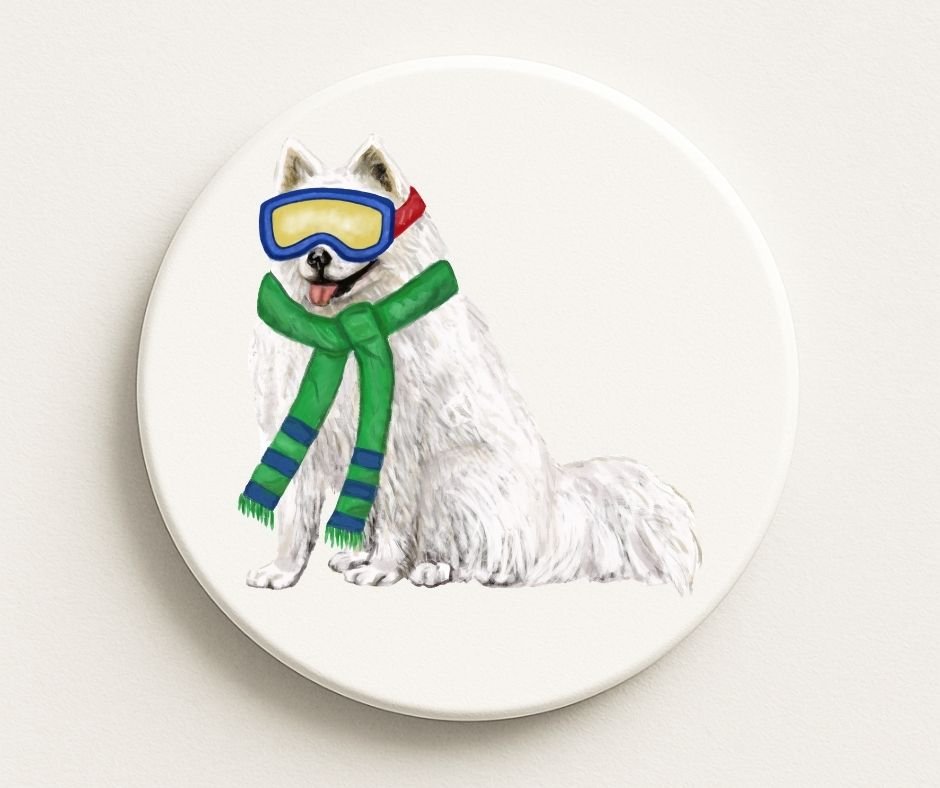 Winter Samoyed Dog Ceramic Coaster - MerikaArt