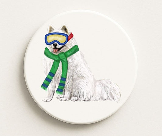 Winter Samoyed Dog Ceramic Coaster - MerikaArt