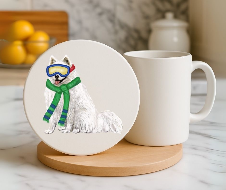 Winter Samoyed Dog Ceramic Coaster - MerikaArt