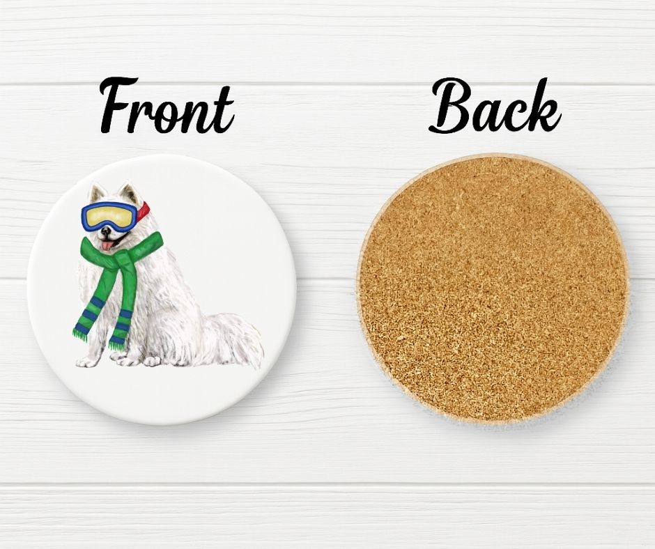 Winter Samoyed Dog Ceramic Coaster - MerikaArt