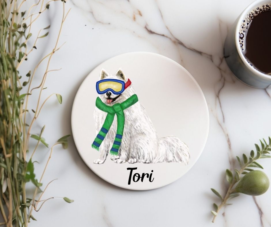 Winter Samoyed Dog Ceramic Coaster - MerikaArt